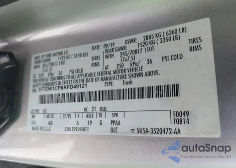 2019 Ford F-150 Xlt from USA, damaged, VIN 1FTEW1CP8KFD49121